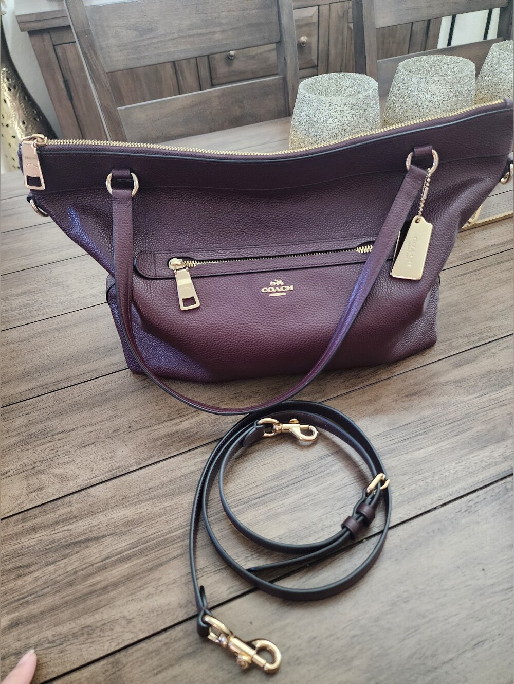 Coach Plum Pebbled Leather Tote Handbag With Crossbody Strap Included